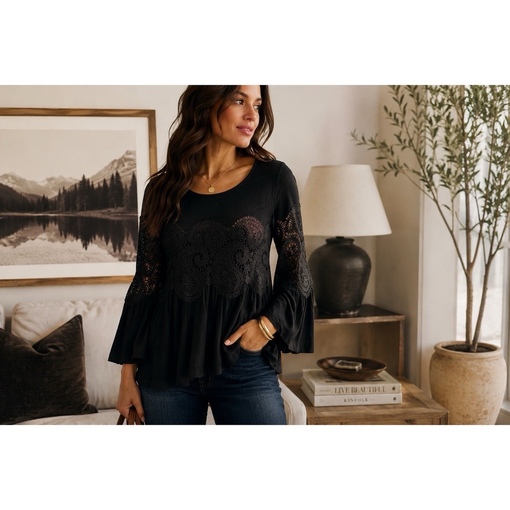 Spense Black Crochet Lace Peplum Tunic Top Women's M Medium Boho Bell Sleeve